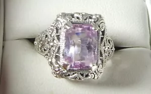 Anillo de filigrana kunzita rosa corte esmeralda de 4,08 quilates plata esterlina tamaño libre - Imagen 1 de 6