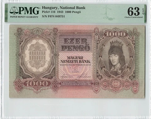 HUNGARY 1000 Pengo 1943, P-116 National Bank, PMG 63 EPQ Choice UNC, Large Note Cover