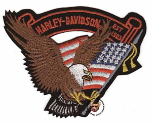 VINTAGE HARLEY DAVIDSON UP-WING BROWN EAGLE BANNER PATCH 4-1/4 IN WIDE USA FLAG  - Picture 1 of 4