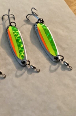 TWO (2) Luhr Jensen Krocodile Spoons-Silver with Green Flash, Chart. & Org. Tape - Image 1 of 3