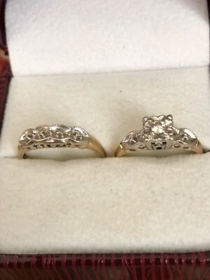 7 Diamonds Wedding 14k White & Yellow Gold Rings Marked "Shed Lite 14k WI" 3.9g - Image 1 of 4