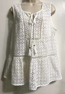 Anthropologie Meadow Rue White Cotton Eyelet Sleeveless Tunic Top Blouse Size XL - Picture 1 of 16