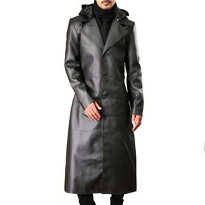 Men's German Classic Officer Black Cowhide Leather Trench Coat