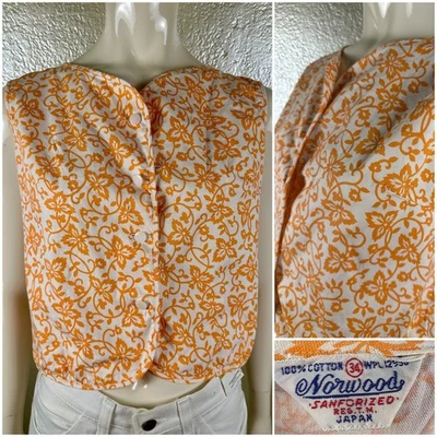 Chaleco Top Algodón Floral Naranja y Blanco NORWOOD Años 60 De Colección Sin Mangas Lona Foto 1 de 4