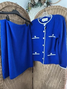 Vintage Neiman Marcus Ami Knits Knit Cardigan Skirt Suit Blue White Sz10 Corp - Picture 1 of 10