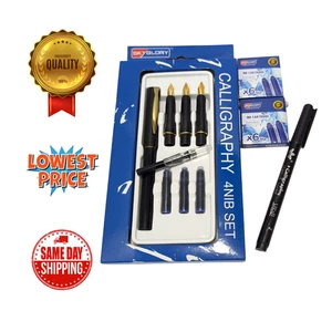 Calligraphy Fountain Pen Set -4 Nibs + 15 Ink Cartridges + Converter + FREE Pen - Picture 1 of 6