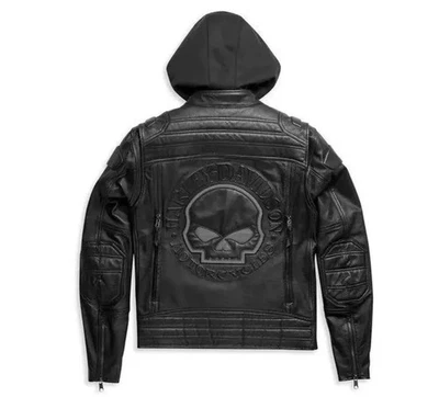 Harley-Davidson Willie G Skull Leather Jacket Men Hooded Biker Cowhide Racer - Image 1 of 4