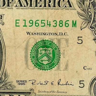 1995 Series 4 dígitos escada fantasia número de série um nota de dólar E19654386M - Imagem 1 de 4