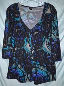Eat 5th Blue Geometric V-Neck 3/4 Sleeve Knit Stretch Blouse Women's Size XL - Picture 1 of 4