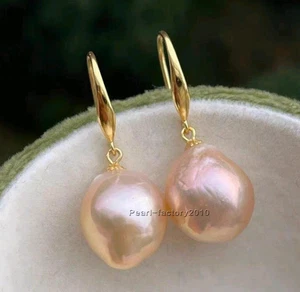 new AAAAA 12-14mm South Sea pink Baroque Pearl Earrings 14K  GOLD - Picture 1 of 3