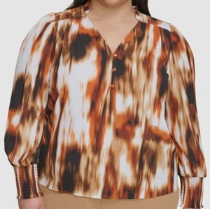 Calvin Klein Women's Brown Printed Long-Sleeve V-Neck Top Plus Size 3X - Picture 1 of 2