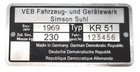 Typenschild Simson Suhl VEB SR4 KR50 KR51 , graviert beschriftet