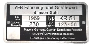 Typenschild Simson Suhl VEB SR4 KR50 KR51 , graviert beschriftet - Bild 1 von 1