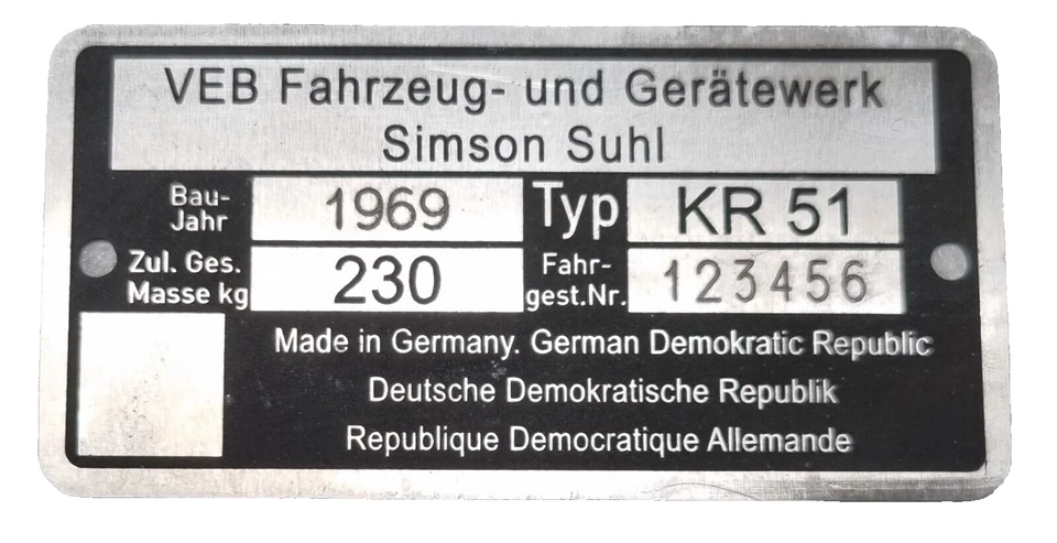 PBTECHNICS Typenschild Simson Suhl VEB SR4 KR50 KR51 , graviert beschriftet
