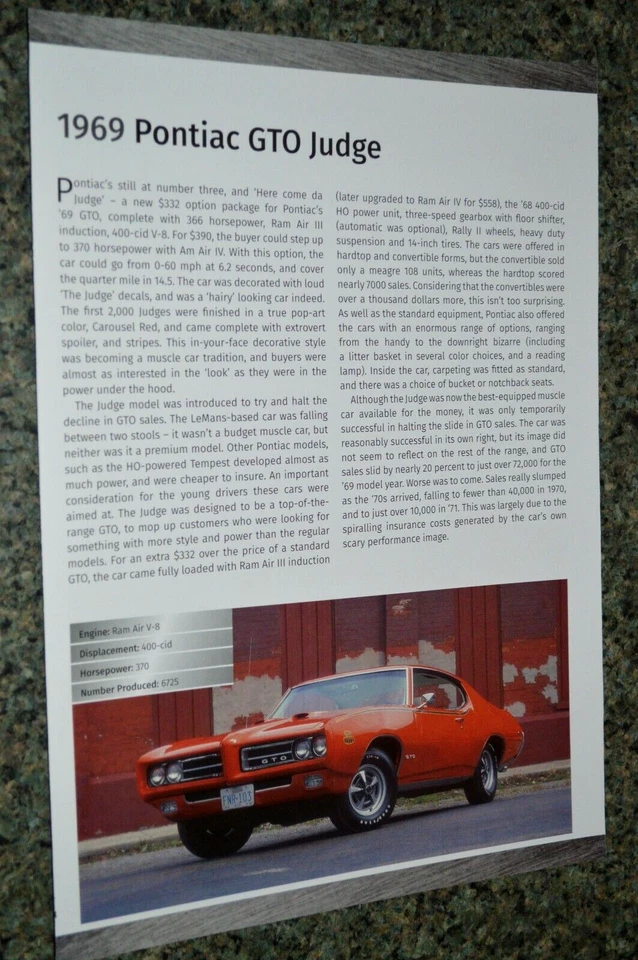 Pontiac GTO 1969 Judge Info Hoja de especificaciones Foto Característica Impresión 69 Carrusel Rojo 6 Foto 1 de 1