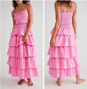 Free People Pink Midi Dress Size S Sunset Dancing Tiered Ruffled Cotton NEW - Picture 1 of 16