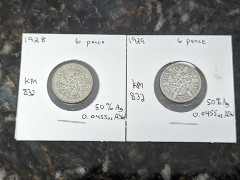 1928 & 1929 Silver Great Britain Six Pence Coin Lot Cover