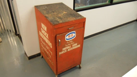 Vintage Shock Absorber Metal Rolling Cabinet Storage Display Red Collectible Cover