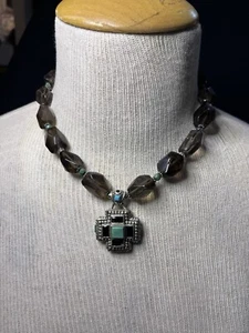 Barse 925 Turquoise & Smoky Quartz Cross Pendant  Navajo 16” Necklace Choker - Picture 1 of 6