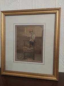 Boy Fishing on Chair Print Mounted in Gold Frame Approx 11" by 12 " - Picture 1 of 5
