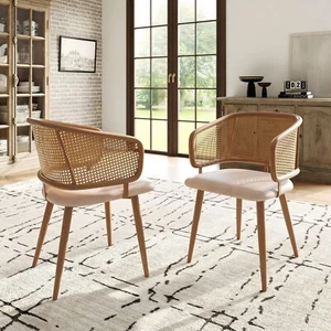 Modern Dining Chairs Set of 2 with Rattan Backrest & Upholstered PU Padded Seat - Picture 1 of 16