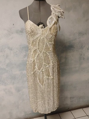 VINTAGE Oleg Cassini Black Tie Silk ivory Beaded Mini Dress Slit Hem Sz 8 - Image 1 of 4