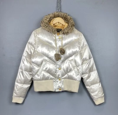 Jaqueta feminina com capuz de pele vintage Y2K Rocawear tamanho G bordada prata de cima para baixo - Imagem 1 de 4