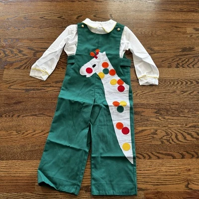 Mono vintage de sopa de chocolate para niños pequeños 4T conjunto bordado jirafa verde Foto 1 de 4