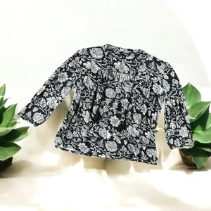 Lucky Brand Top Women XS Floral Print Tassel Tie 3/4 Sleeve Shirt Blouse Black - Picture 1 of 9