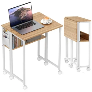 HOMCOM 63 cm Foldable Computer Desk on Wheels for Small Spaces Natural - Picture 1 of 11