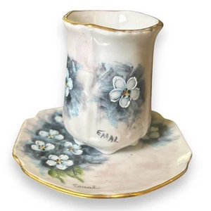 Vintage Hand Painted Toothpick Holder and Saucer Blue Floral Gold Rims Signed - Picture 1 of 9