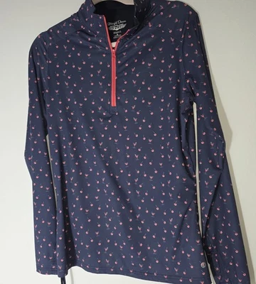 MUJER RECTO ABAJO DAMA 1/4 CREMALLERA Top Azul Con Cerezas/Cóctel Estampado Vidrio Foto 1 de 4