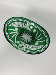Bohemian Green Glass Cut To Clear 7.25” Oval Bowl - Picture 1 of 14