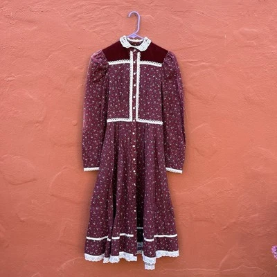 Vestido Vintage Años 70 Gunne Sax Por Jessica Borgoña Manga Larga Flores Encaje Talla 5 Foto 1 de 4