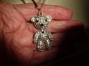 PENDANT TEDDY BEAR JOINTED RHINESTONES W SILVER TONE CHAIN NECKLAC #19/5 - Picture 1 of 12