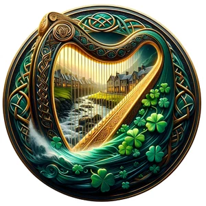 Calcomanía de arpa irlandesa - Calcomanía de música irlandesa - Calcomanía de Irlanda - Calcomanía de trébol de 4 hojas 5" - Imagen 1 de 1