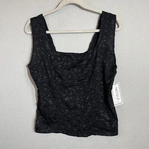 Y2K Top Women XL Black Scoop Neck Tank Embroidered Eyelet Floral Blouse NEW - Picture 1 of 8