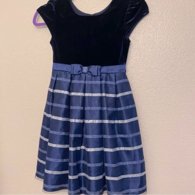 Jona Michelle navy blue velvet stripe holiday Christmas formal Dress girls 7 - Image 1 of 4