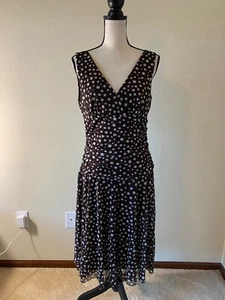 CONNECTED Women Size 12 Brown Polka Dots V Neck Sleeveless A Line Dress - Picture 1 of 9