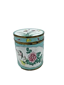 Antique Chinese Canton Enamel Round Lidded Tea Caddy Hand-Painted Birds Flowers - Picture 1 of 13