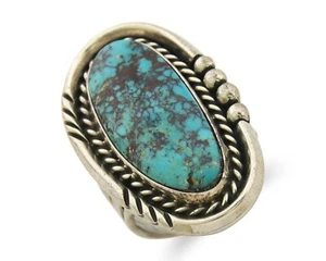 Navajo Ring 925 Sterling Natural Blue Turquoise Signed Ben S C.80's Size 8.0 - Picture 1 of 7