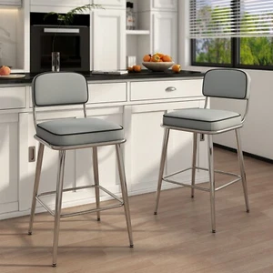 26" Counter Height Bar Stools Set of 2 PU Leather Barstools Pub Kitchen Chairs - Picture 1 of 21