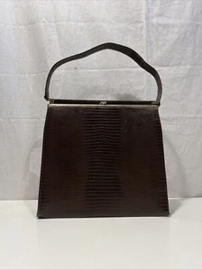 Vintage 1960s Dark Brown Lizard Triangle Handbag Purse Top Handle - Picture 1 of 6
