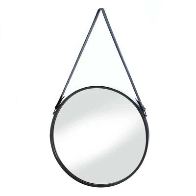 Stylish Black Iron Gorgeous Hanging Mirror With Faux Leather Strap Indoor Decor - Image 1 of 4