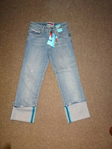 Neu Damen Pailletten Strass Distressed Turnup Denim Jeans Hose S M L XL Y2K - Bild 1 von 6