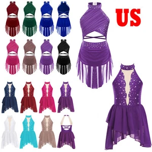 Kids Girls Figure Skating Cutout Strappy Rhinestones Leotard Ballet AU - Picture 1 of 107