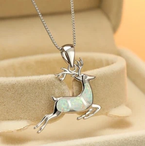 925 Sterling Silver White Reindeer Pendant Necklace with White Inlay Opal - Picture 1 of 3