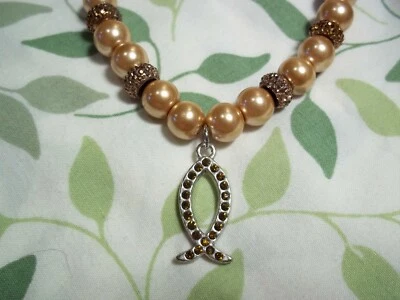 Pulsera hecha a mano de 7 1/2 pulgadas con perlas de vidrio bronceado y cuentas de cristal elástico B-86 Foto 1 de 4