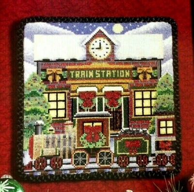 Cross Stitch Pattern Christmas HOLIDAY TRAIN STATION Clock Snow Rebecca Wood - Image 1 of 4