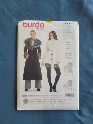 Burda 6387 Fitted Coat w Shawl Collar, Turn Up Cuffs Faux Fur Sz 10-20 UNCUT - Image 1 of 4